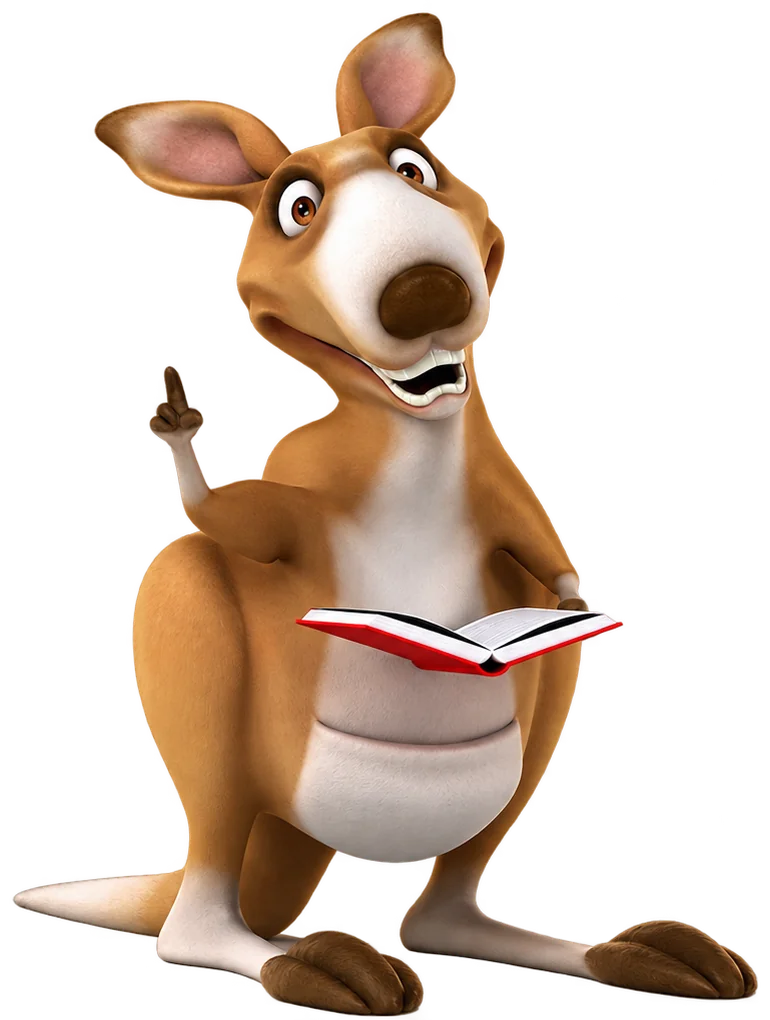 Skippy le kangourou, un livre ouvert à la main